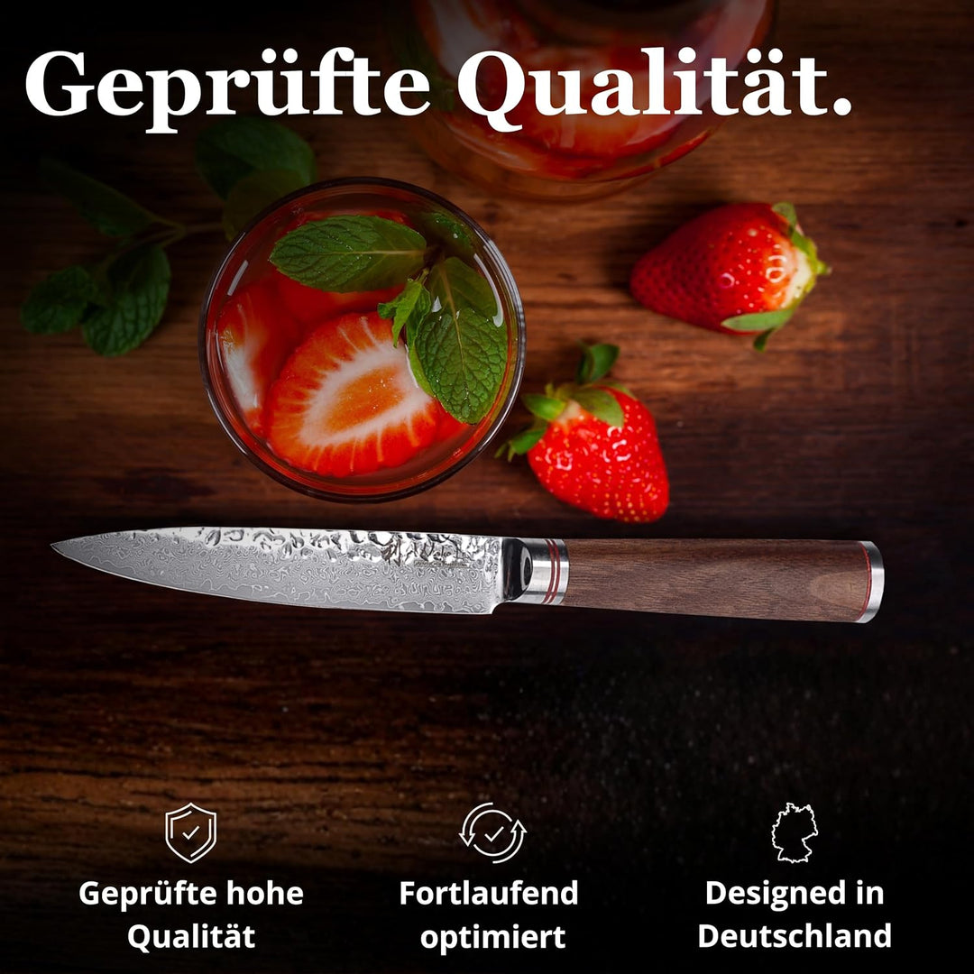 Wakoli Nussbaum Allzweckmesser mit 12,5 cm Klinge aus 67 Lagen Damaststahl mit VG10-Kern, Hammerschl