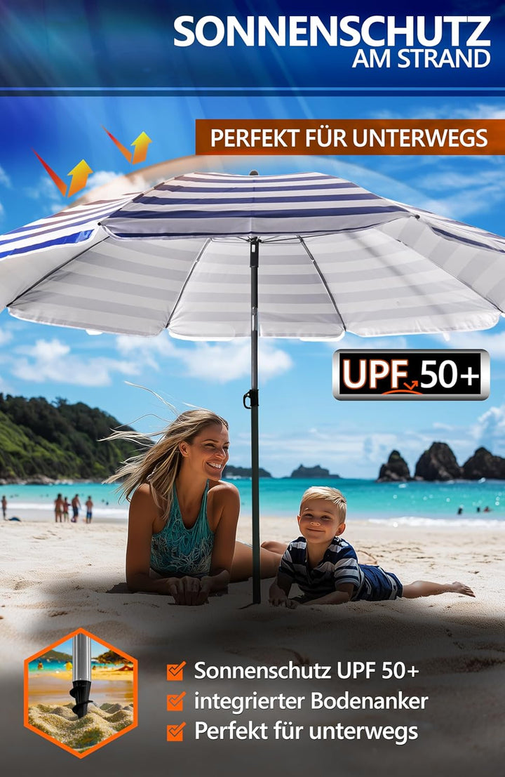 4smile Sonnenschirm Strand SunnyJoy Ø 180 cm, inkl. Hülle - UPF 50+ Strandschirm, Sonnenschirm Balko