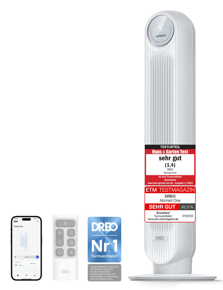 Dreo Smart 20dB Leiser Turmventilator, 10 m Wurfweite 4 Geschwindigstufen 4 Modi 8 Std. Timer 90° os