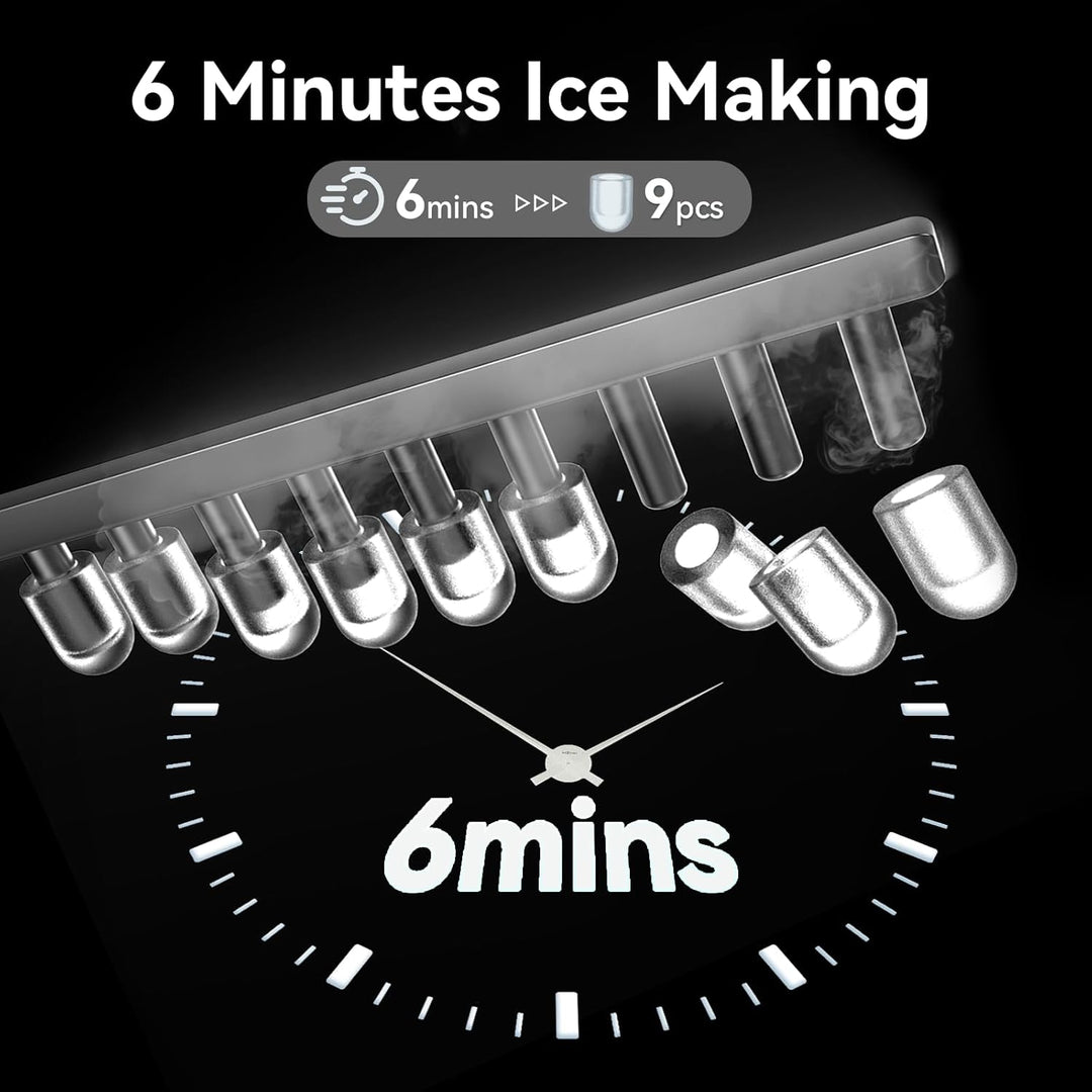 tragbare Eiswürfelmaschine, 9 Würfel in 6 Min., 12 kg/24 Std., 2 Grössen, mit Eisschaufel & Korb, Ei