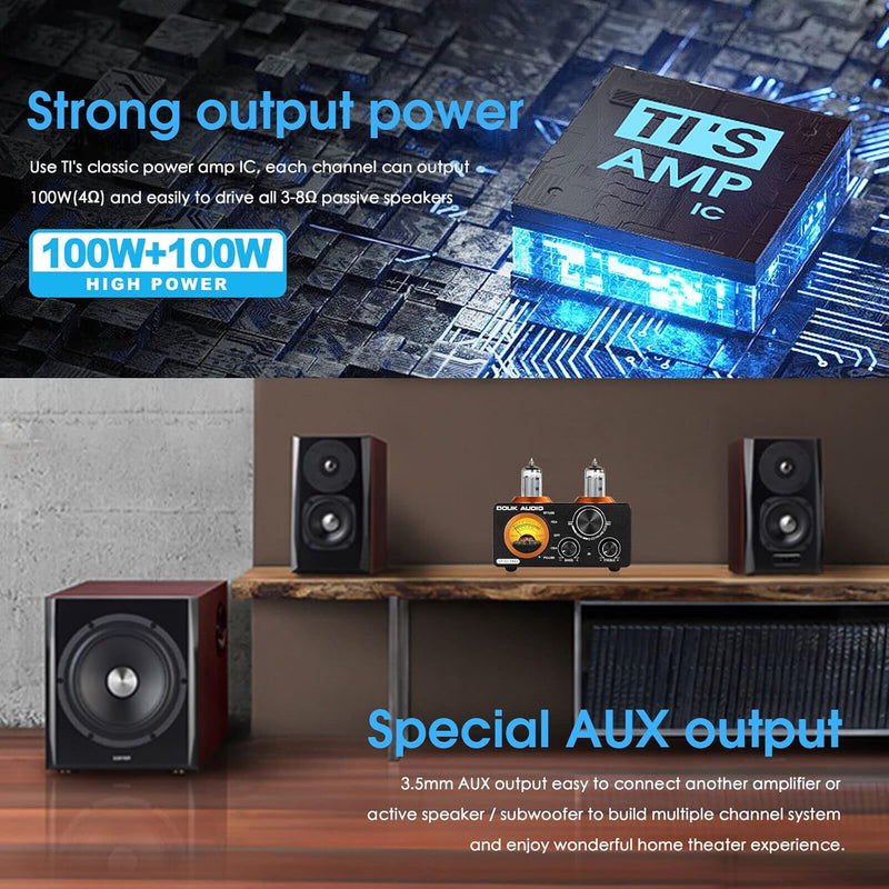 Douk Audio ST-01 PRO HiFi-Verstärker, 200W Mini Röhrenverstärker mit Bluetooth 5.0, VU-Messer, USB D