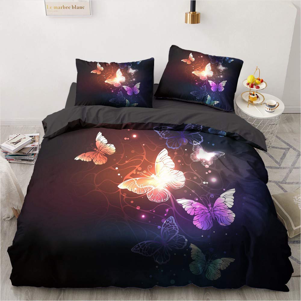 Luowei Bunt Schmetterling Bettwäsche 200x200cm Schwarz Bettbezug Set Butterfly Muster Microfaser Wen