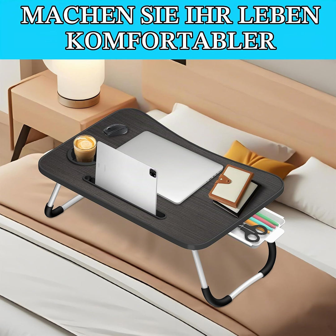Soontrans Laptoptisch, 60 x 40 x 28 cm, Laptop Tisch mit Tablethalter, Schublade, Getränkehalter, Be