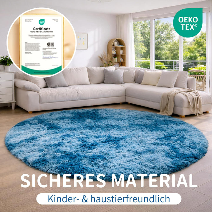 Teppich Rund 150 cm Navy blau Waschbar Rutschfester Hochflor Runder Teppich Wohnzimmer Weich Flausch