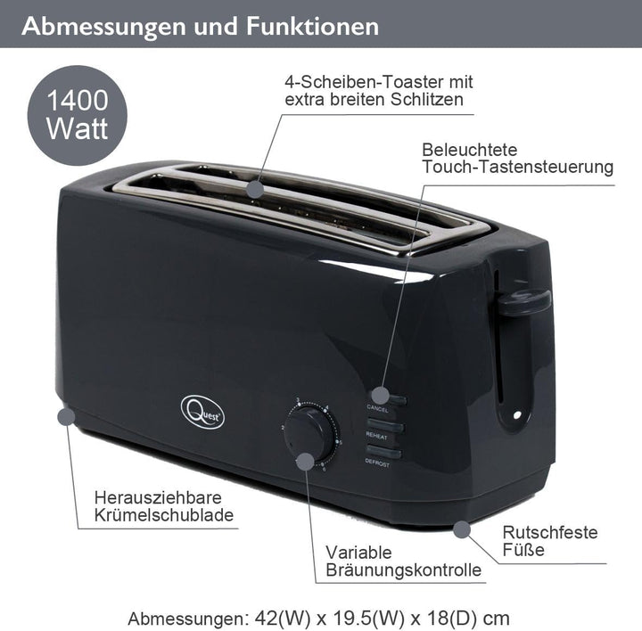 Quest 35069 Toaster mit 4 Schlitzen, extra breite Schlitze, Cool Touch, 1400 W, Schwarz