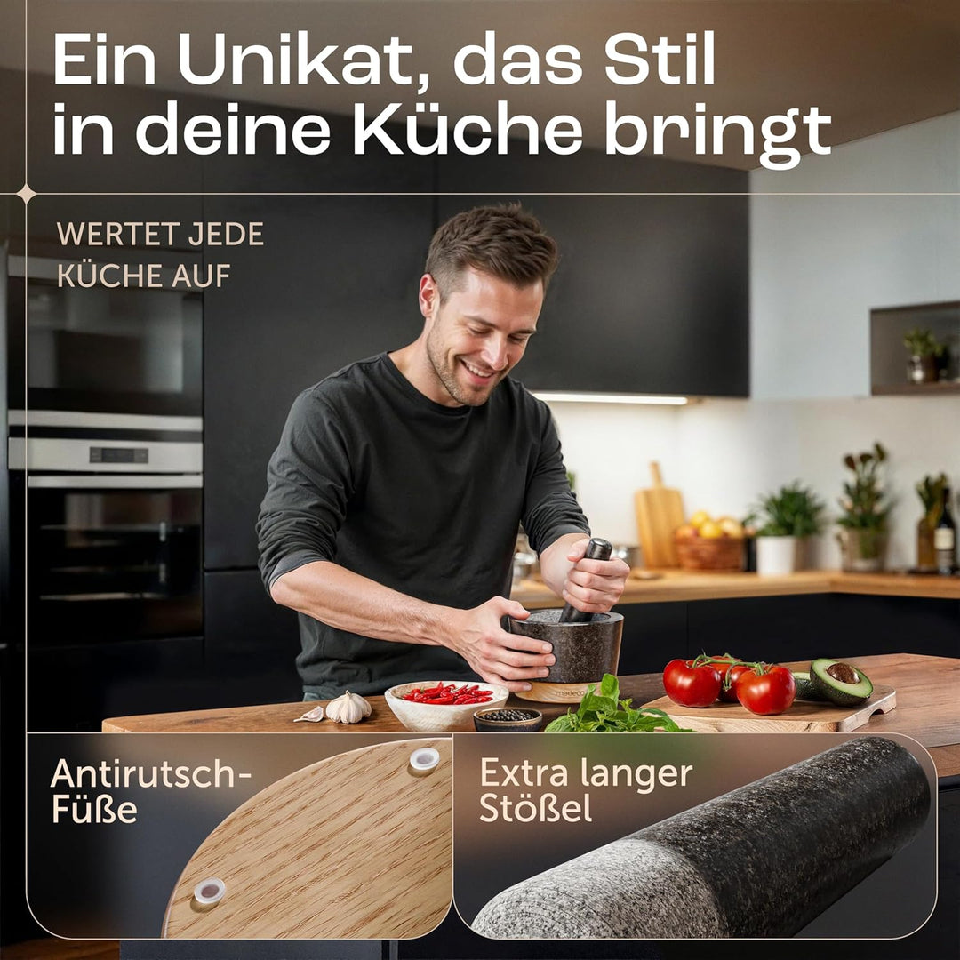 madeco Mörser mit Stössel Granit auf Holzsockel Eiche Ø 14,5 cm - Perfekt geeignet für Gewürze, Kräu