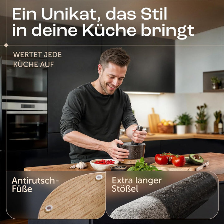madeco Mörser mit Stössel Granit auf Holzsockel Eiche Ø 14,5 cm - Perfekt geeignet für Gewürze, Kräu