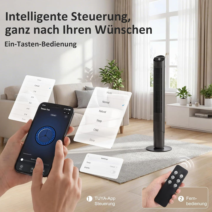 HOMCOM Turmventilator mit Fernbedienung, WiFi-App 65° Oszillierender 116 cm Ventilator mit 6 Geschwi