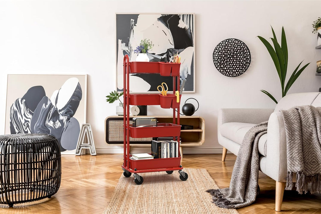 Simple Houseware 4-stufiger multifunktionaler Rollwagen mit Korbtrennwänden und hängenden Eimern, Ro
