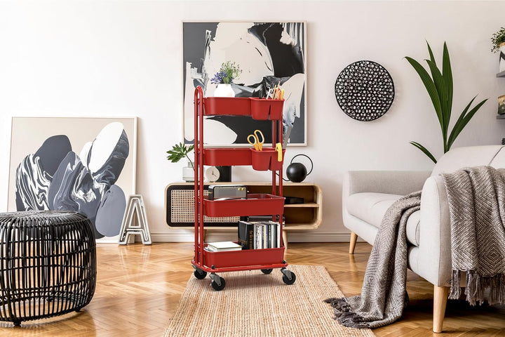Simple Houseware 4-stufiger multifunktionaler Rollwagen mit Korbtrennwänden und hängenden Eimern, Ro