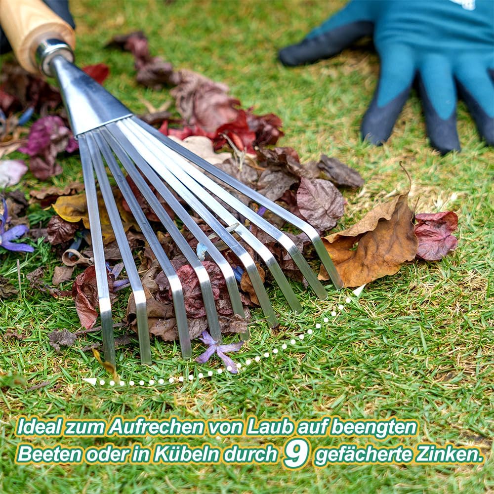 Berry&Bird Hand-Fächerbesen 36,6 cm - Handrechen mit Stiel aus Eschenholz, Gartenwerkzeug mit 9 Flac