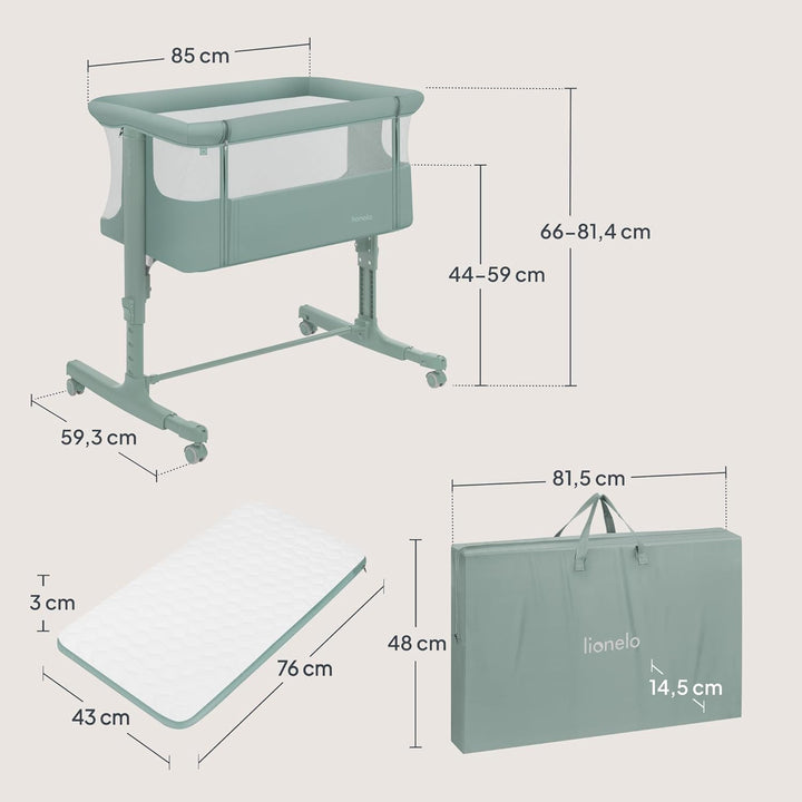 Lionelo Aurora 3 in 1 Babybett bis 9 kg, Beistellbett, Wiege, Höhenverstellug und Einstellung der Ne