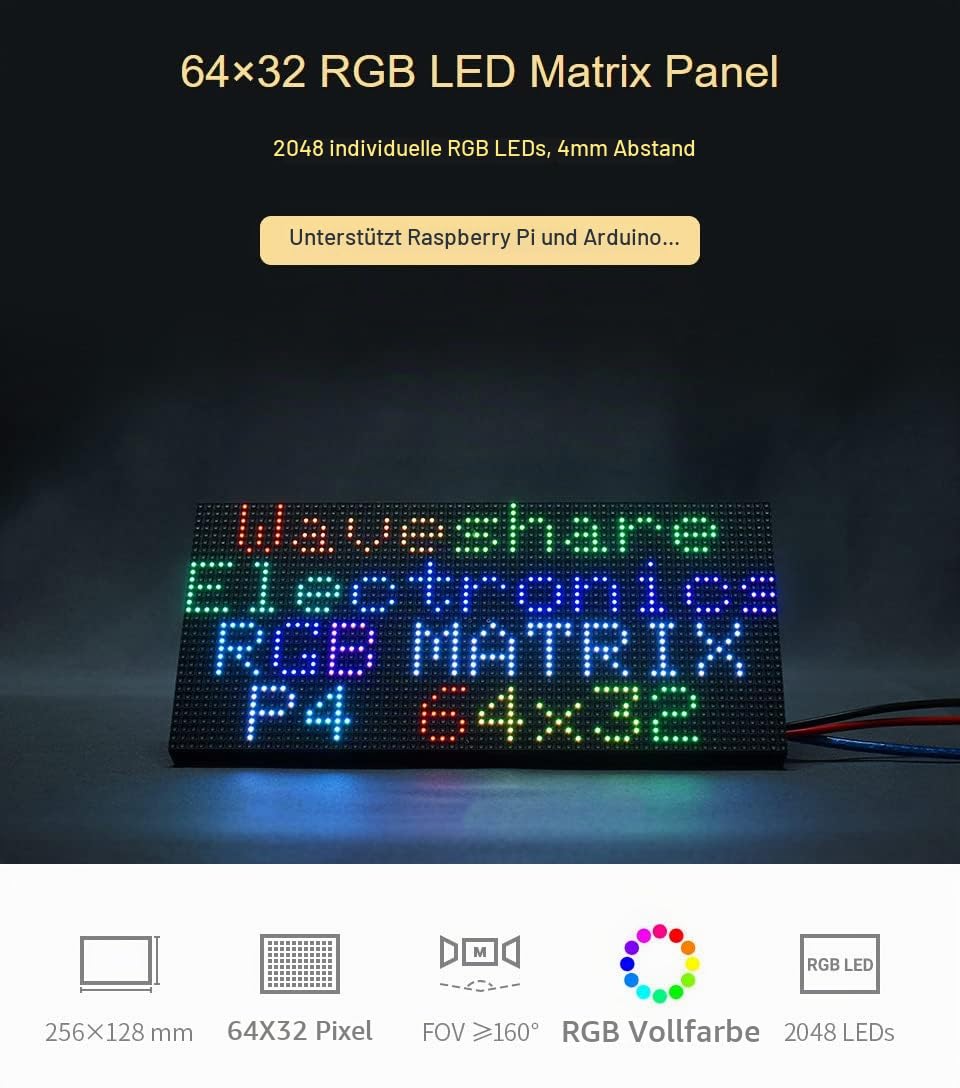 Waveshare RGB Full-Color LED Matrix Panel 4mm Pitch 64×32 Pixels 2048 Individual RGB LEDs Adjustable