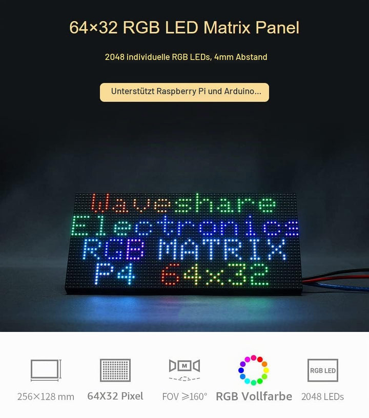 Waveshare RGB Full-Color LED Matrix Panel 4mm Pitch 64×32 Pixels 2048 Individual RGB LEDs Adjustable