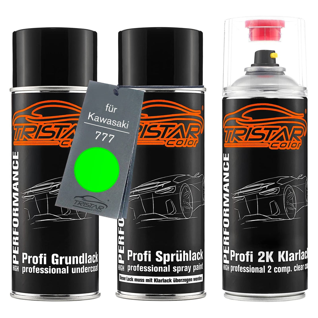 TRISTARcolor Motorradlack 2K Spraydosen Set für Kawasaki 777 Verde Grundlack Basislack 2 Komponenten