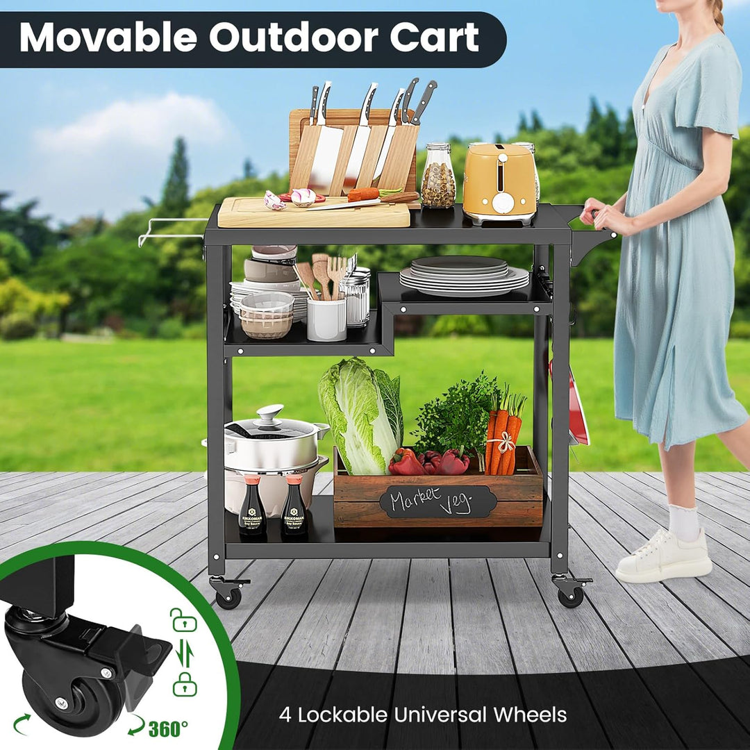 GOPLUS Grillwagen, Grilltisch Outdoor mit Griff, 4 Ablagen, Haken & Rollen, multifunktionaler Pizzat