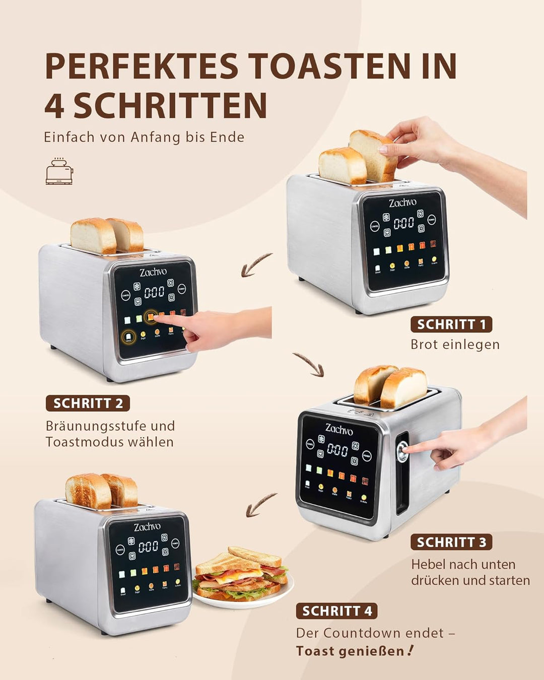Edelstahl Toaster 2 Scheiben, Digitaler Touch Toaster mit Sandwich-Zange & abnehmbarem Brötchenaufsa