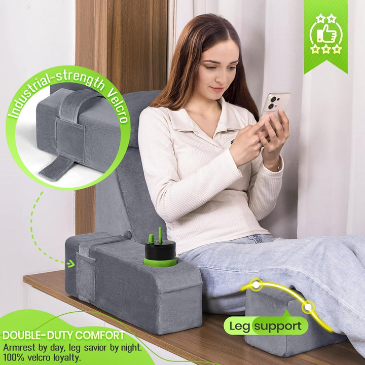 Lesekissen für Erwachsene - Rückenkissen fürs Bett mit abnehmbaren Armlehnen, Getränkehalter & Handy