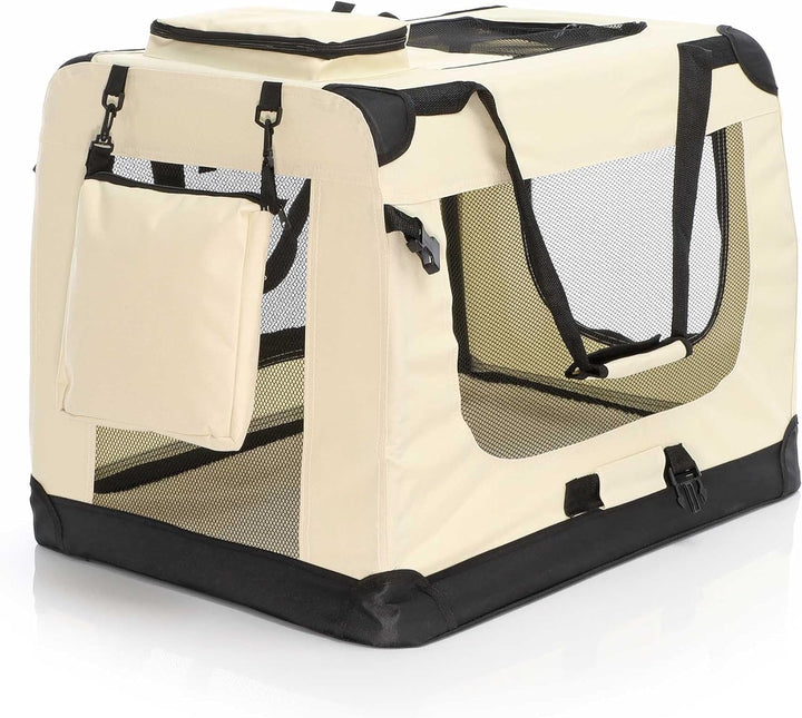 Fudajo Faltbare Transportbox in Beige für Haustiere, Grösse XL (80x58x56cm), Tragegriff, Liegedecke