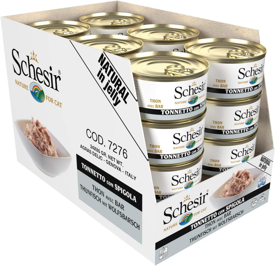 Schesir Cat Jelly Thunfisch mit Wolfsbarsch, Katzenfutter nass in Gelee, 24 Dosen x 85 g Thunfisch m