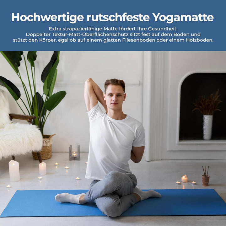 Habib Yogamatte Set mit Yogablöcken – Rutschfeste gepolsterte Fitnessmatte inkl. Tragetasche mit Sch