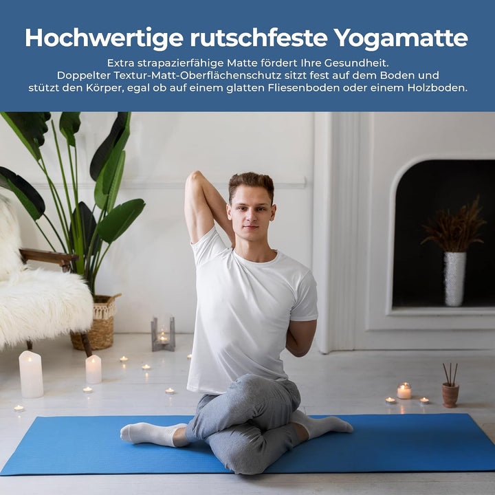 Habib Yogamatte Set mit Yogablöcken – Rutschfeste gepolsterte Fitnessmatte inkl. Tragetasche mit Sch