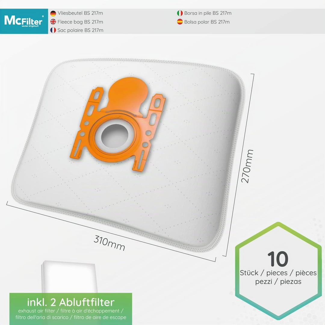 McFilter | 10 Staubsaugerbeutel + 1 Motorfilter+ 1 Hepa Filter geeignet für Siemens VSQ5X1230 Q5.0 e