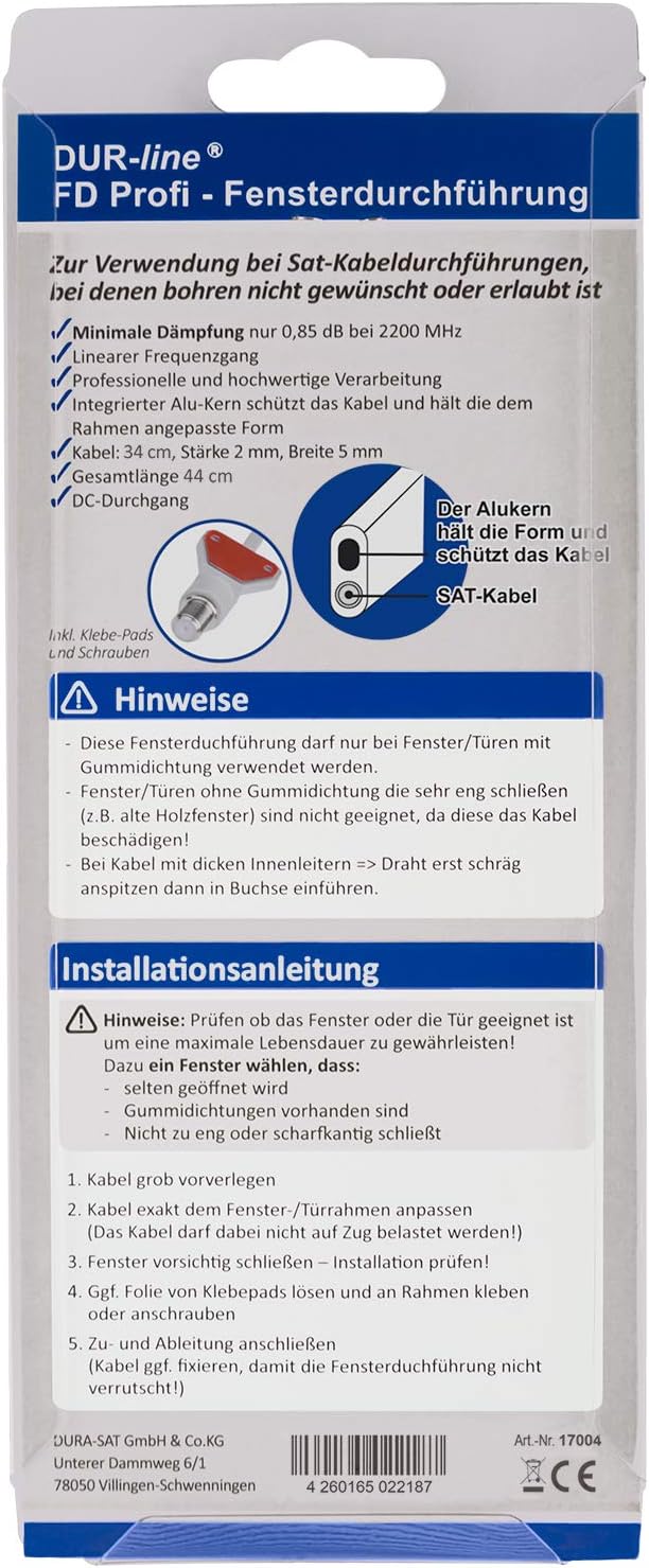 DUR-line® Profi Fensterdurchführung XL - 34cm Kabellänge - Minimale Dämpfung, maximale Schirmung - I