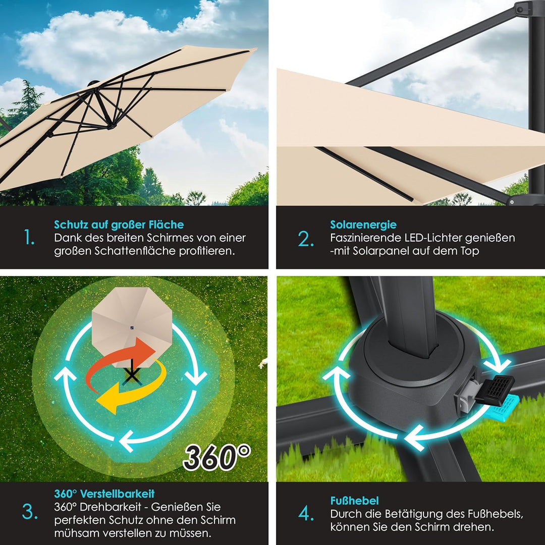 KESSER® Sonnenschirm Ampelschirm SUN Rund XL Ø330 cm Inkl. Abdeckung + Windsicherung 7-Fach Verstell