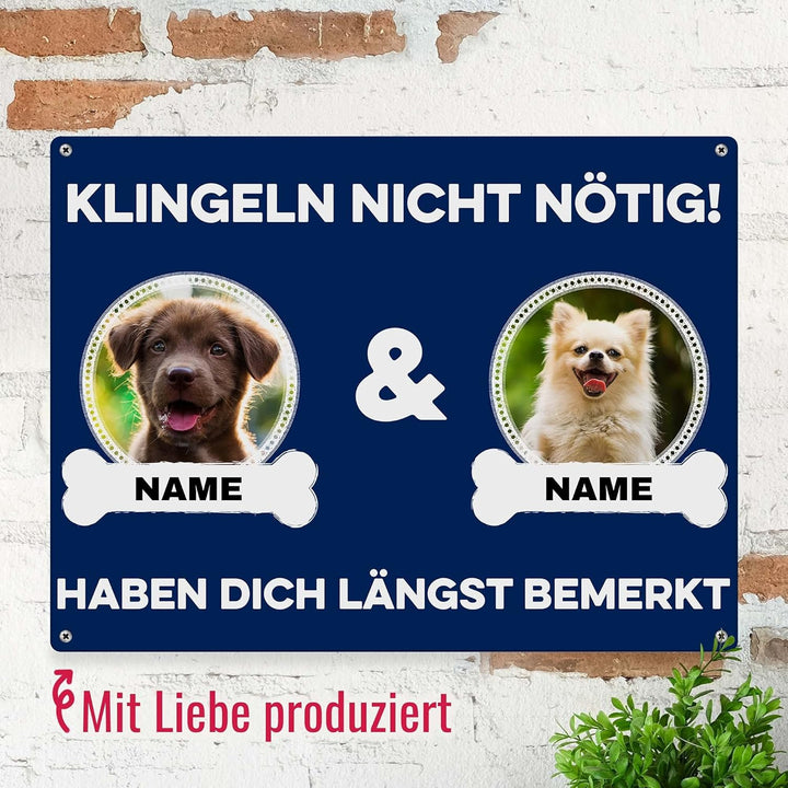 Hunde Schild personalisiert - Klingeln nicht nötig - Metallschild mit Foto und Name für aussen, wett