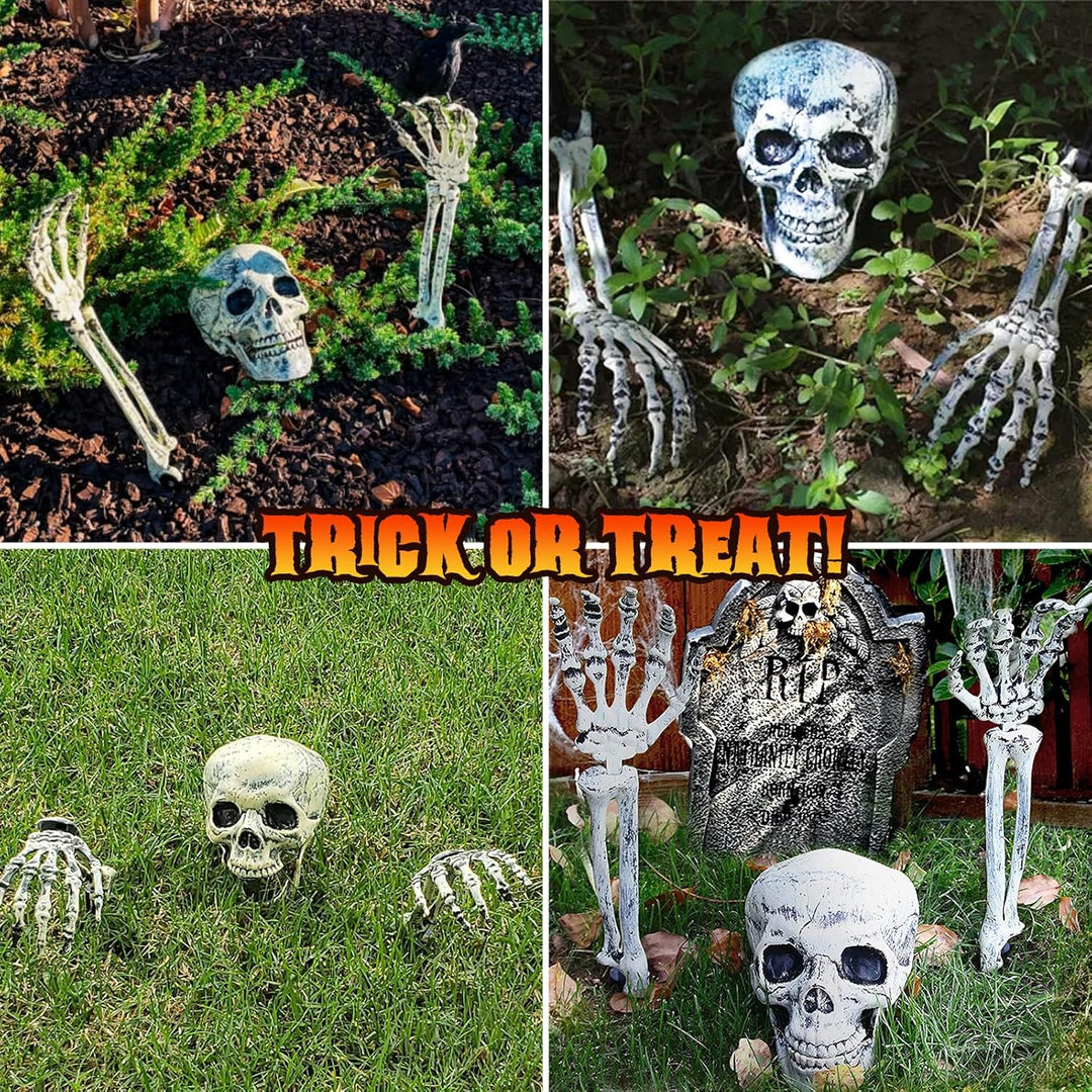 Maxee Halloween Leuchtende Skelett Totenkopf Set, 1 Totenkopf und 2 Schädel Hände mit 2 Grüne LED-Li