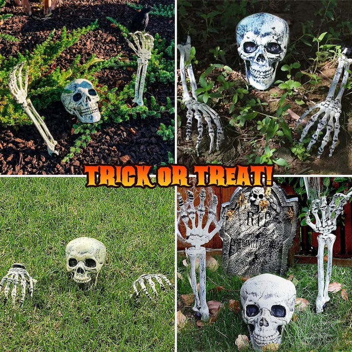 Maxee Halloween Leuchtende Skelett Totenkopf Set, 1 Totenkopf und 2 Schädel Hände mit 2 Grüne LED-Li