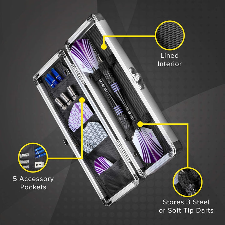 Casemaster Accolade Aluminium-Dartkoffer für 3 Stahlspitzen und weiche Dartpfeile. Schlankes Profil