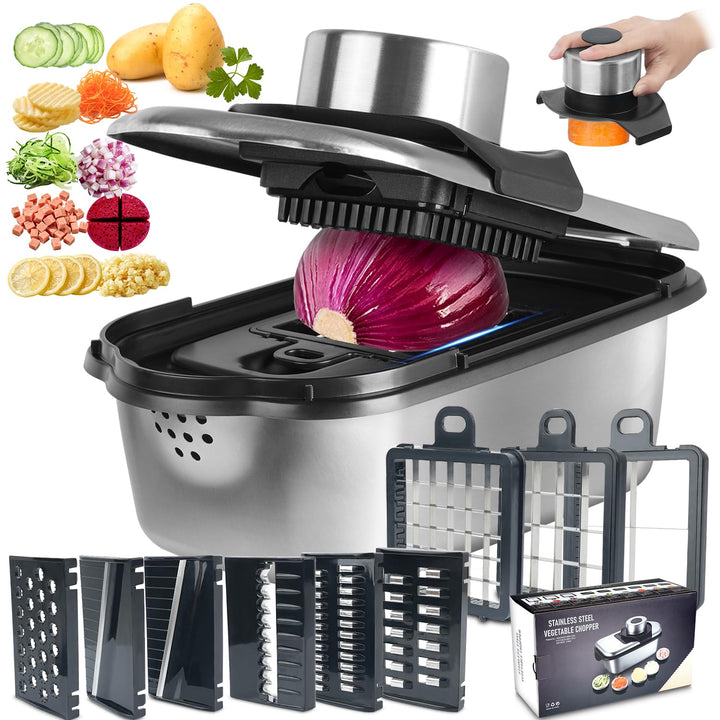 Dicer Smart 9-in-1, Edelstahl Gemüseschneider Und Mandoline Gemüsehobel Set (11 Teile), Julienne- un