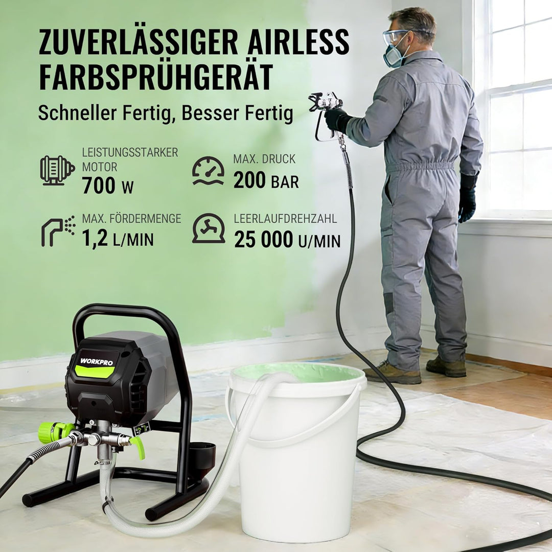 WORKPRO 700 W Airless Farbsprühsystem, Airless Farbsprühgerät mit 3 Verstellbaren Druckstufen, Ideal