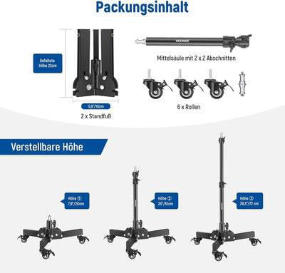 NEEWER 2er Pack Schwerlast Lichtstativ mit Rollen, 2,4Fuss max. Höhe, Faltbarer Stativständer für Au