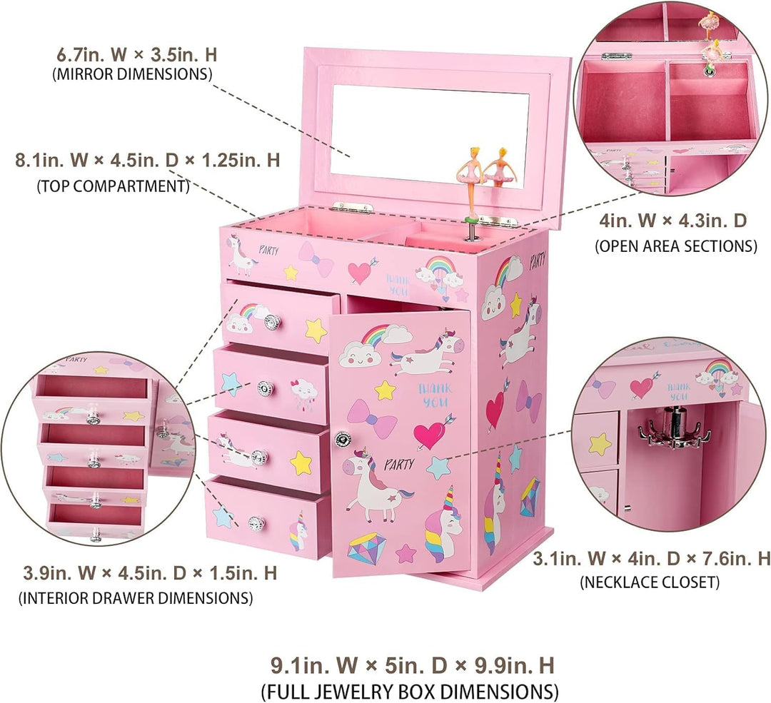 Schmuckkästchen für Mädchen mit 5 Schichten, Schwenktür, drehender Ballerina, Einhorn und Schlossdes