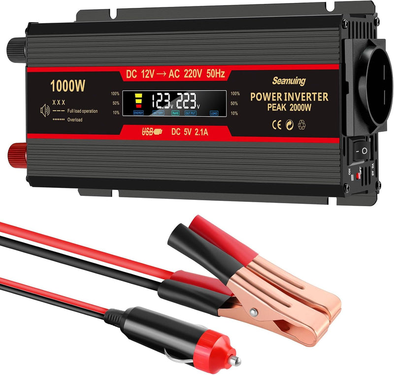 Seamuing 2000W Wechselrichter DC 12V auf AC 240V Spannungswandler 1 AC Steckdose & 2 USB Port Stromw