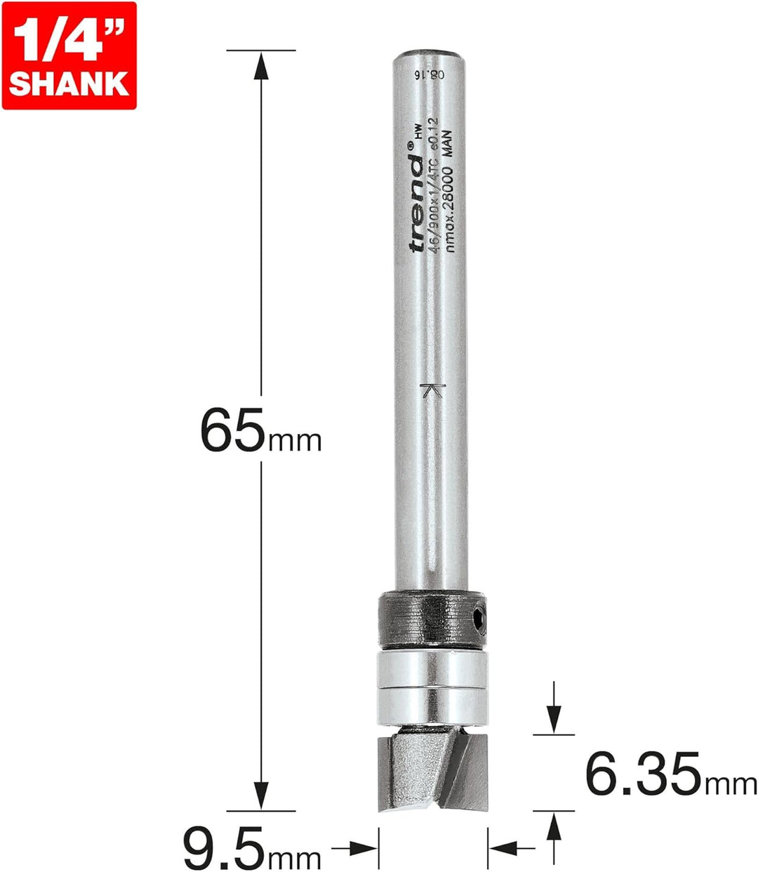 Trend Professioneller Kugelgelagerter Profilfräser, 9,5 mm Durchmesser x 6,35 mm Schnitt, 1/4 Zoll S