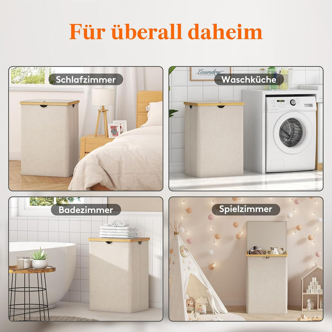 Lifewit 160L Bambus Wäschekorb mit Deckel, Faltbar Wäschesammler 2 Fächer Wäschesortierer mit Abnehm