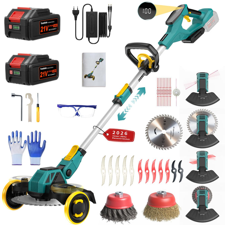 Rasentrimmer mit Akku, 21V Akku Rasentrimmer für Makita Akku, Rasentrimmer mit Unkrautbürste, 2 * 4.