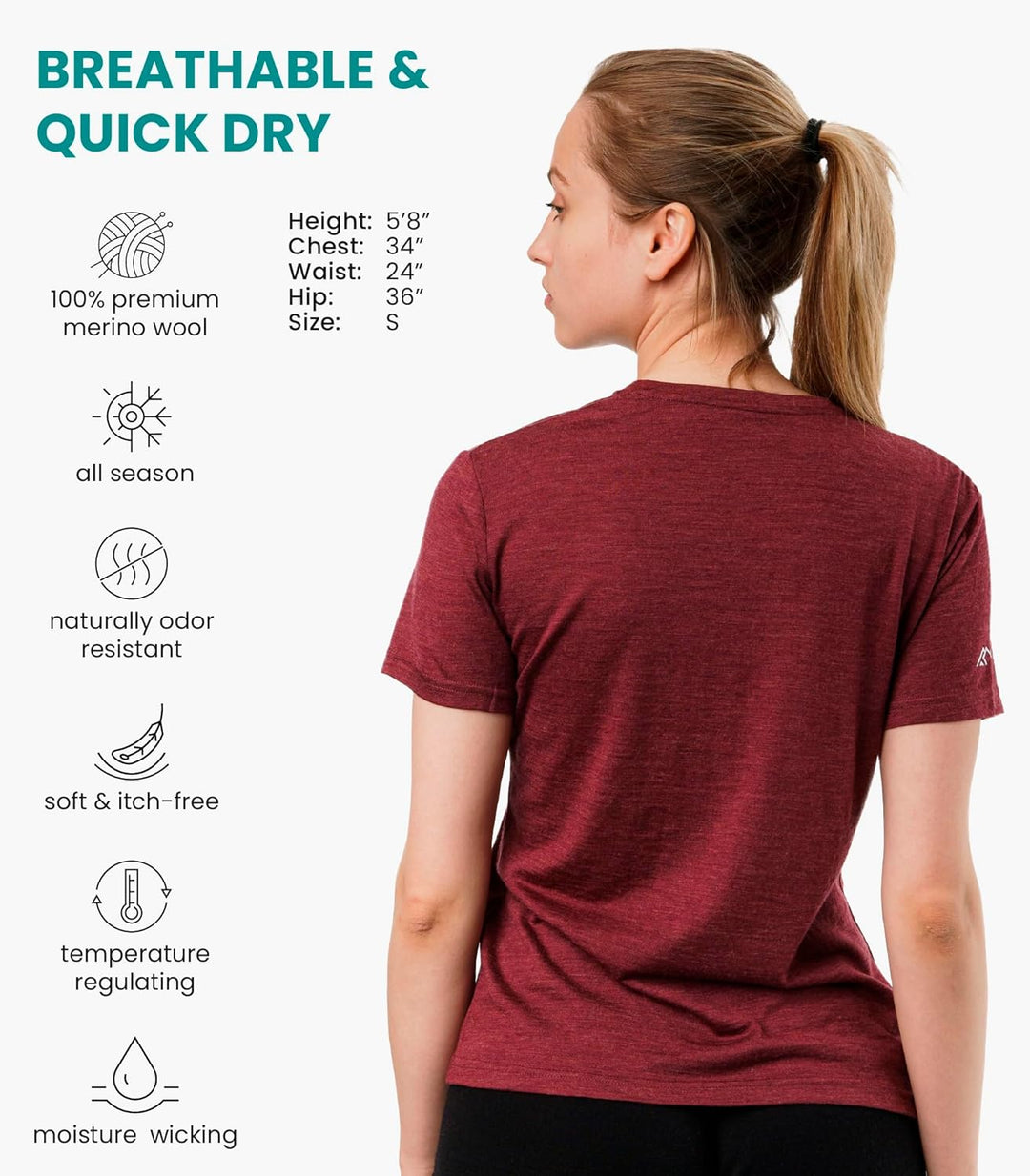 Merino.tech Merinowolle T-Shirt Damen - 100% Merinowolle Leichte Basisschicht Damen Kurzarm T-Shirt