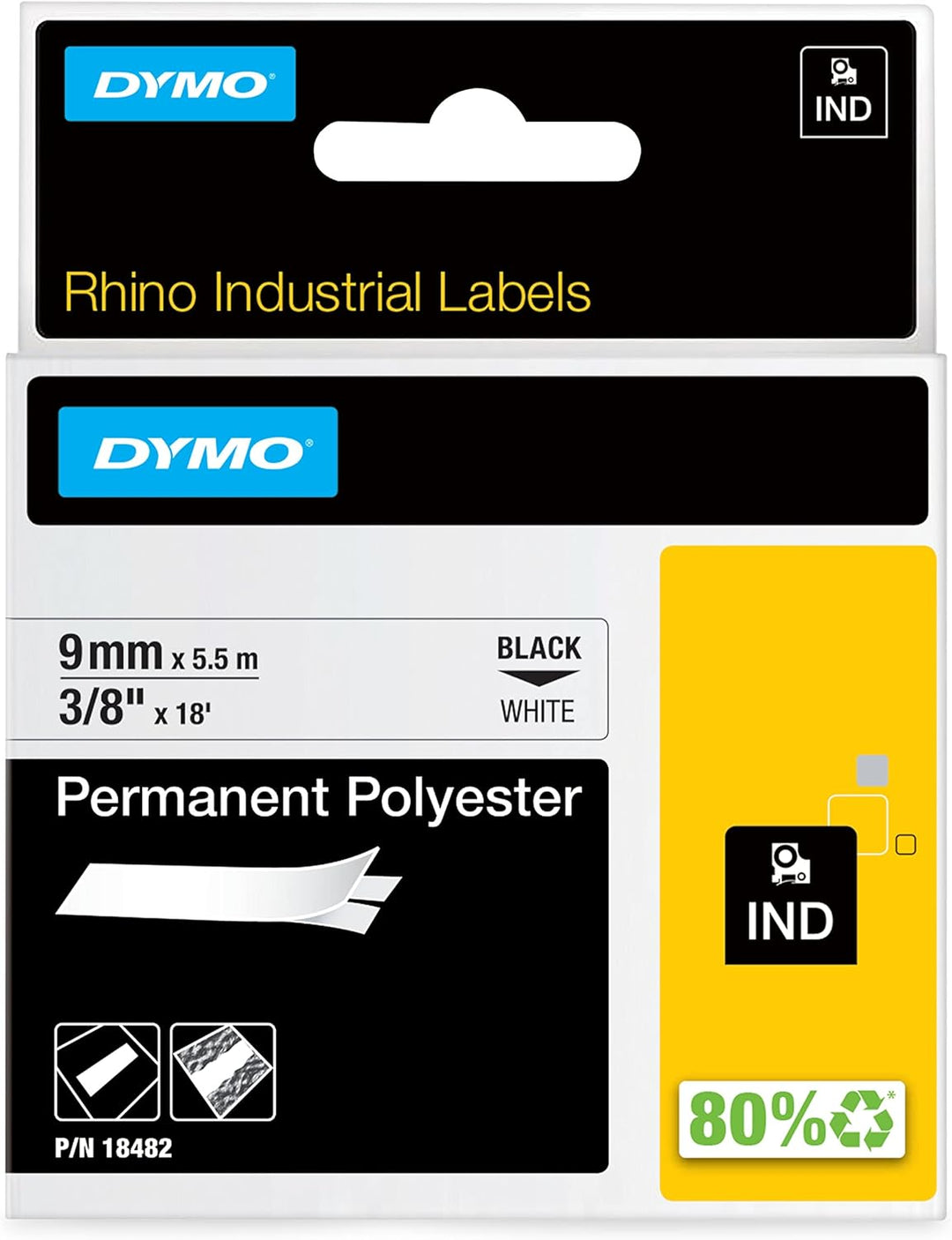 DYMO Rhino Industrie Permanente Polyesteretiketten | 9 mm x 5,5 m | Schwarz auf Weiss | selbstkleben