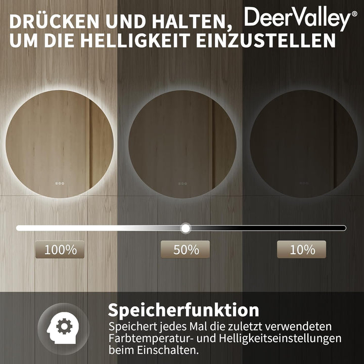 DeerValley Badspiegel mit Beleuchtung 80cm, Anti Beschlag LED Spiegel mit 3-Fach Vergrösserung, 3 Fa