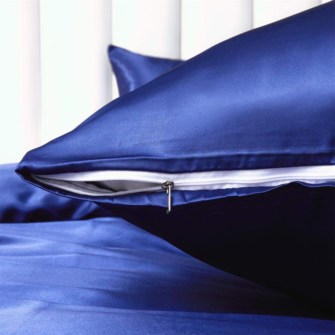 Damier Bettwäsche 155x220cm Blau Satin Bettwäsche Set 2 Teilig Hochwertiges Satin Uni Einfarbig Deck