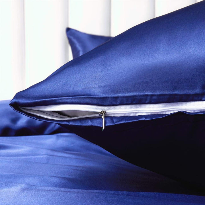 Damier Bettwäsche 155x220cm Blau Satin Bettwäsche Set 2 Teilig Hochwertiges Satin Uni Einfarbig Deck