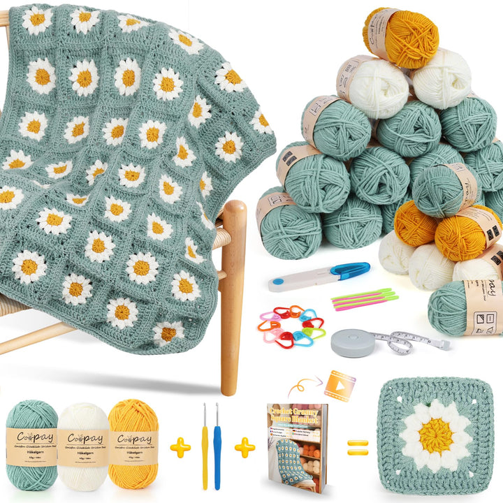 Coopay Granny Square Häkelset für Anfänger, Häkelset für Gänseblümchen Decke, Komplett Häkelset mit