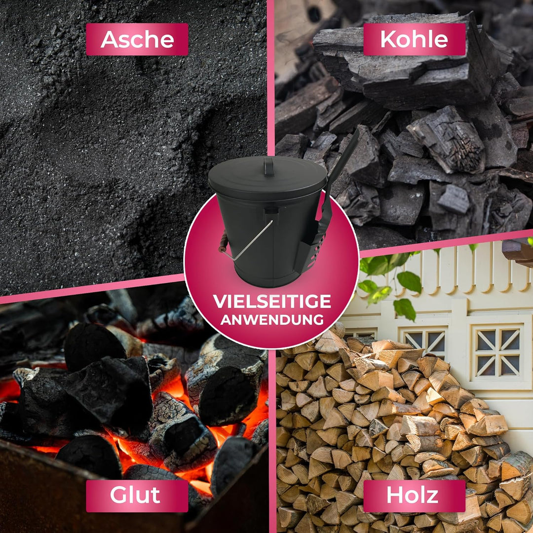 SULENO - Ascheeimer BOSTON mit Deckel 35x32cm 19 Liter, inkl. Schaufel, Stahl schwarz, Kohleeimer mi