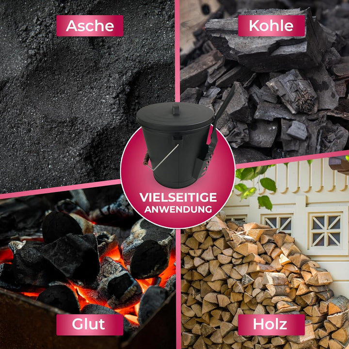 SULENO - Ascheeimer BOSTON mit Deckel 35x32cm 19 Liter, inkl. Schaufel, Stahl schwarz, Kohleeimer mi