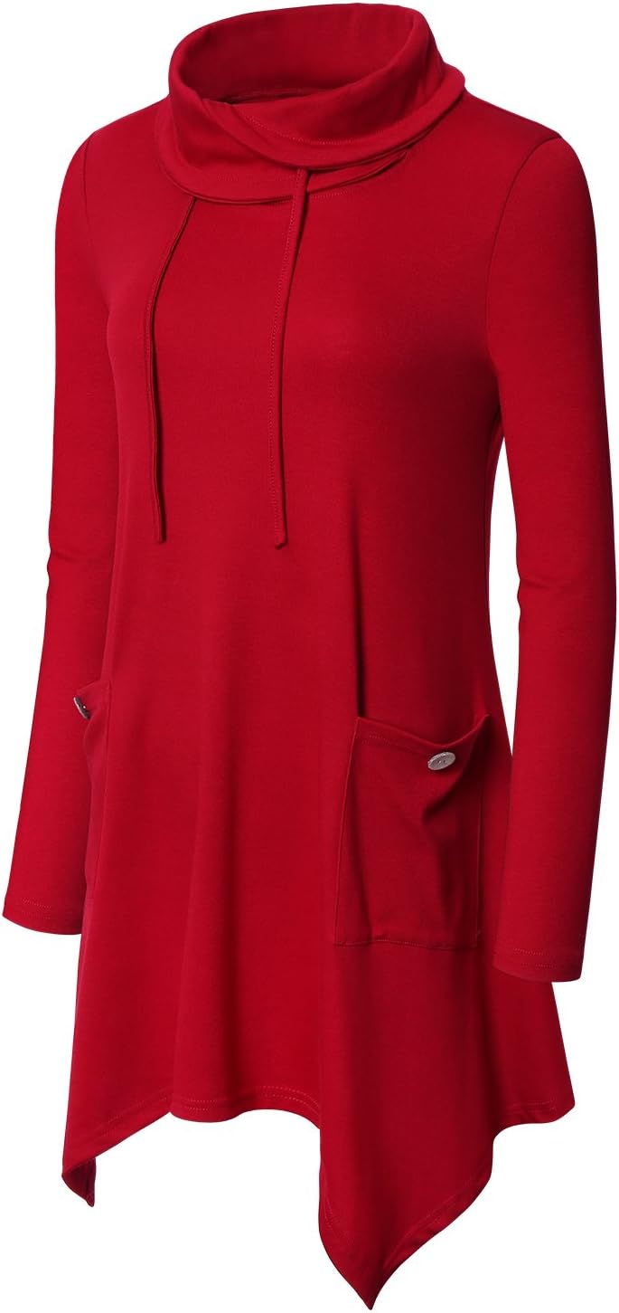 Amrto Damen Tunika Tops Turtleneck Langarm Shirts Bluse Hemd Pullover Mit Taschen S #2-rot, S #2-rot
